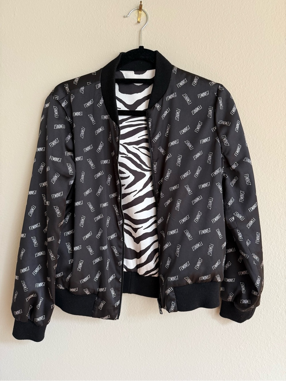Alice + Olivia Black Bomber Jacket with Zebra-Print Lining